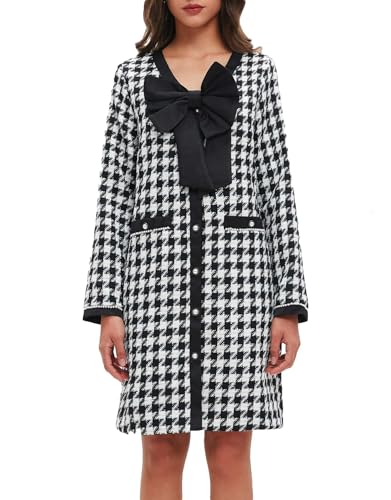 ワンピース S tweed balloon dress mini YEXPINE Women's Tweed Bow Mini Dress Long Sleeve V Neck Button